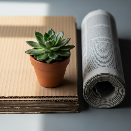 Close up of rolled newspaper and succulent plant on grey table.の素材