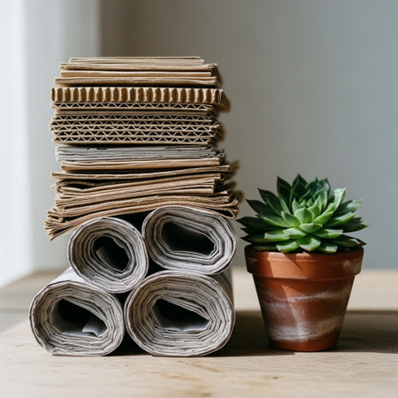 Stack of rolled up sheets of paper with succulent plant in potの素材