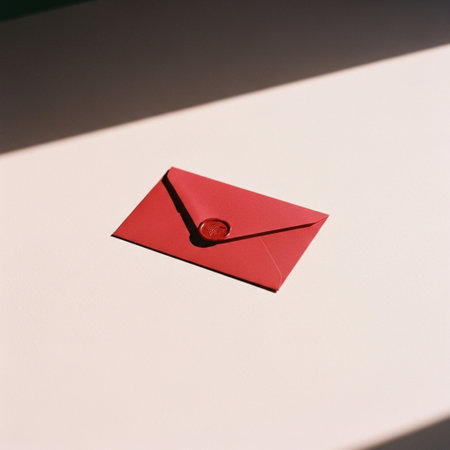 Red Envelope on a white background with shadow from the windowの素材