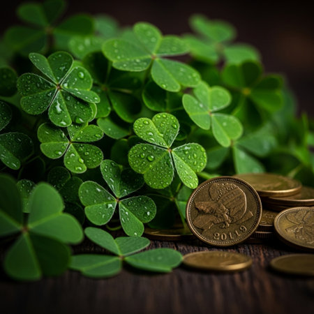 St. Patrick's Day background with clover leaves and coins.の素材