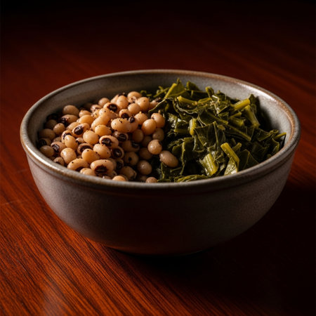 close up of a bowl of green beans and chard on a wooden tableの素材
