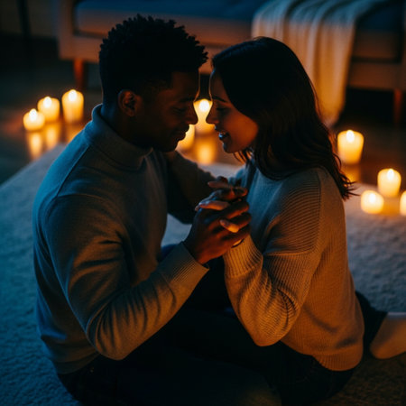 Romantic young couple sitting on the floor at home and looking at each otherの素材