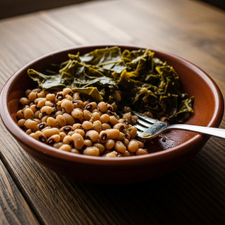Bowl with dried chickpeas and kale on a wooden tableの素材