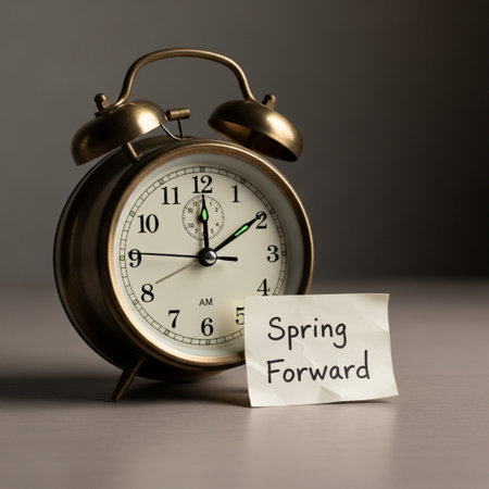 Alarm clock and a sticky note with text - Spring is comingの素材