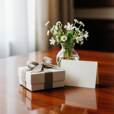 Gift box and bouquet of daisies on the tableの素材