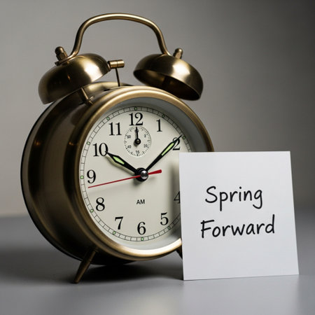 Time concept with alarm clock and a white sheet of paper with the text Spring Forwardの素材
