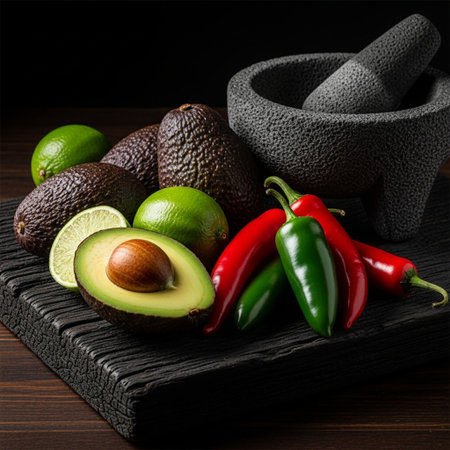Avocado, chili pepper, lime, mortar and pestle on wooden boardの素材
