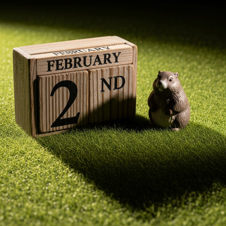 Wooden cube calendar with date February 2 and rat on green grassの素材