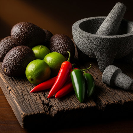 Ingredients for guacamole sauce on a wooden board with a mortar and pestleの素材