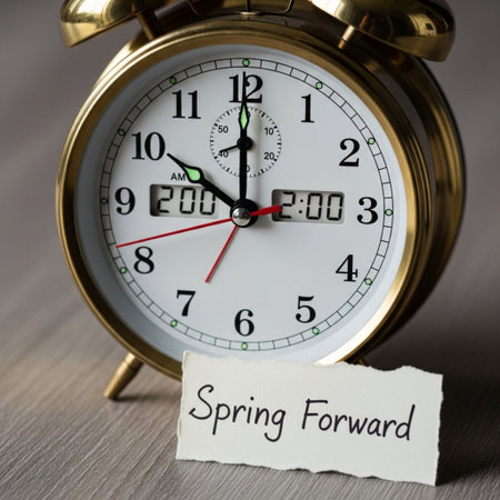 Spring Forward message on a paper with a vintage alarm clock in the backgroundの素材