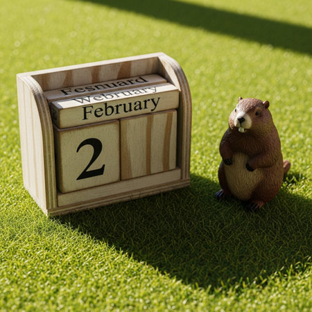 Cute hedgehog sitting on a wooden cube calendar with February 22 dateの素材