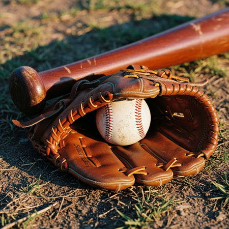 Baseball glove and ball on the field. Close-up.の素材