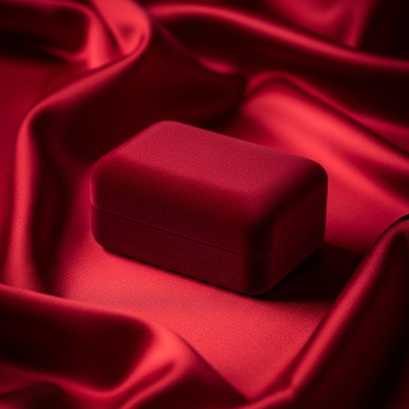 Red gift box on red satin background with copy space for designの素材