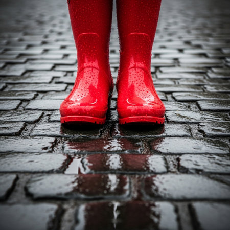 Red rubber boots on wet street after rain. Shallow depth of fieldの素材