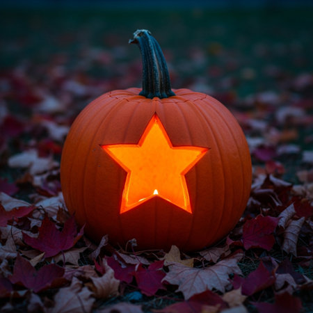 Halloween pumpkin with a star on the background of autumn leaves.の素材