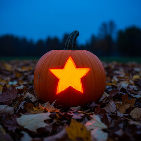 Halloween pumpkin with a star on the background of autumn leaves.の素材