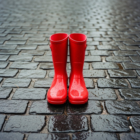 Red rubber boots on a wet cobblestone pavement in rainy weatherの素材