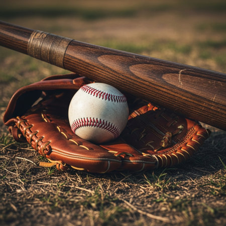 Baseball glove and bat on the field. Soft focus. Vintage style.の素材
