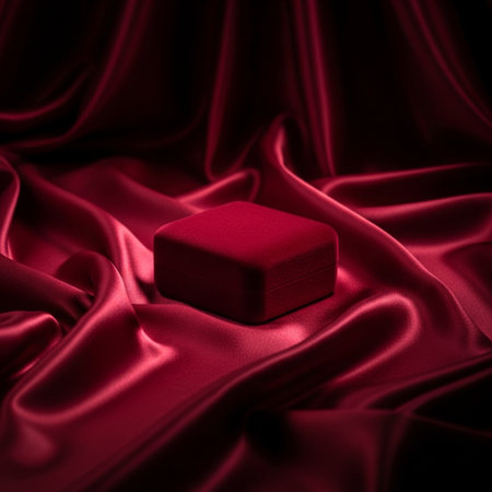 Red satin background with a cube in the middle. 3d renderingの素材