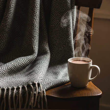 Cup of hot chocolate with steam on a wooden chair with a scarf.の素材