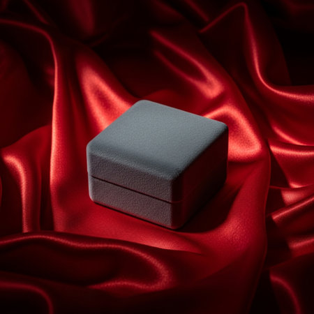 Black box on red satin background with copy space for your textの素材