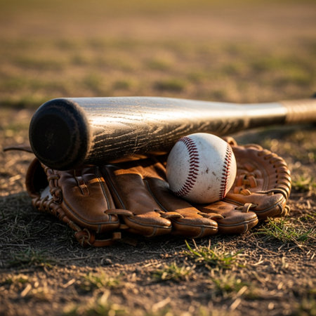 Baseball bat and ball on the field, soft focus background.の素材