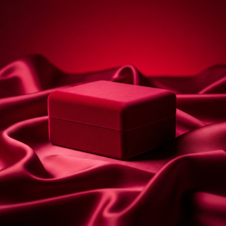 Red gift box on red satin background. Valentine's day concept.の素材