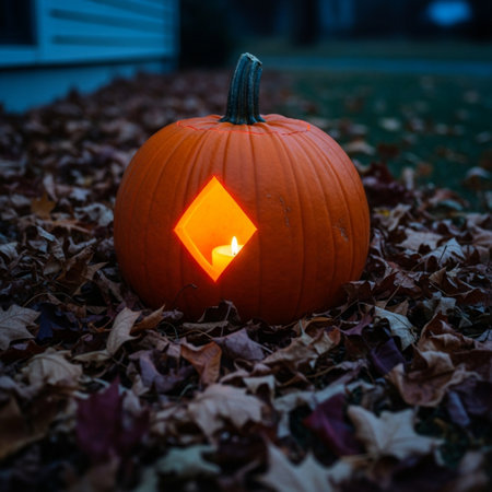 Halloween pumpkin with burning candle in autumn leaves. Halloween concept.の素材