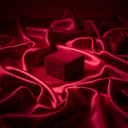 Red satin background with a cube in the middle, with copy spaceの素材