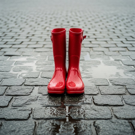 Pair of red rubber boots standing in the rain on the streetの素材