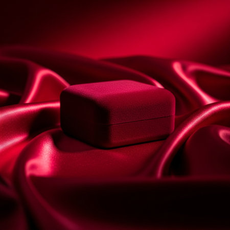 Red gift box on red satin background with copy space for textの素材