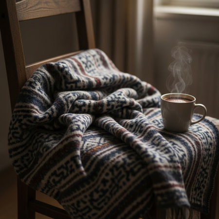 Cup of coffee wrapped in a warm plaid on a chairの素材