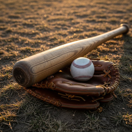 Baseball bat, ball and glove on the field at sunset.の素材