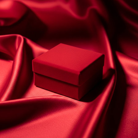 Red gift box on red satin background. Valentine's day concept.の素材