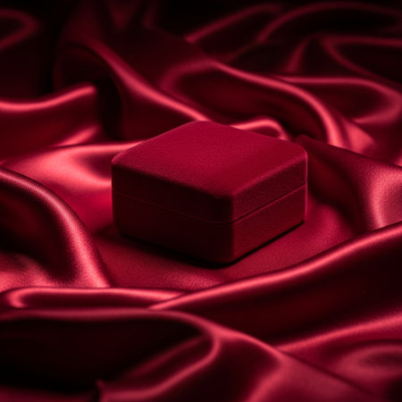 Luxury red gift box on red satin background with copy spaceの素材