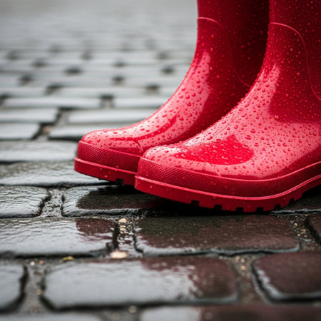 Red rubber boots on the pavement. Shallow depth of field.の素材