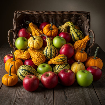 Autumn still life with pumpkins and apples on a wooden backgroundの素材