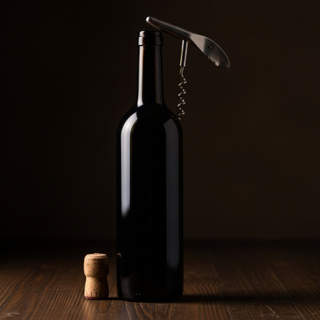Bottle of wine with corkscrew on wooden table, dark backgroundの素材