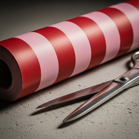 Roll of red and white wrapping paper with scissors on concrete background.の素材