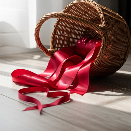 Valentines day background. Basket with red ribbon on wooden floorの素材