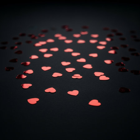 Red heart confetti on black background. Valentine's day concept.の素材