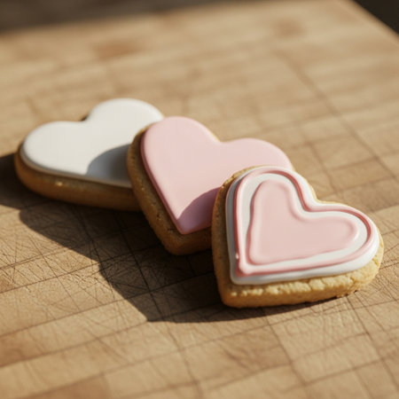 Heart-shaped cookies on wooden background. Shallow depth of field.の素材