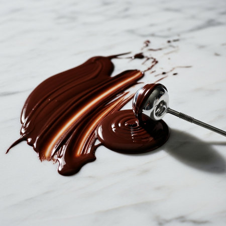 close up of chocolate syrup leaking from spoon on white marble table backgroundの素材
