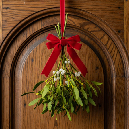 Bunch of mistletoe with red bow hanging on wooden doorの素材
