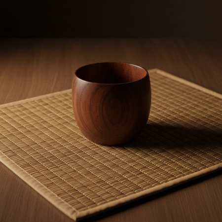 Wooden bowl on a bamboo placemat, shallow depth of fieldの素材