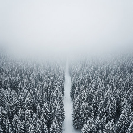 Aerial view of winter forest with snow covered trees. Drone photography.の素材