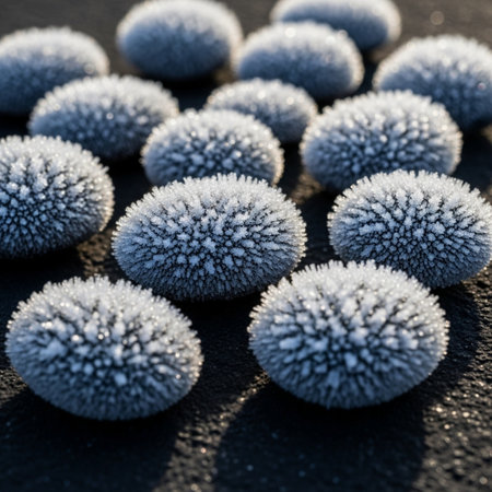 Close-up of frozen snowflakes on a black background.の素材