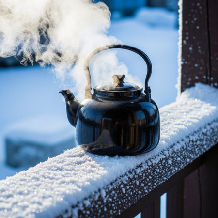 Vintage teapot on the snow-covered balcony in winterの素材