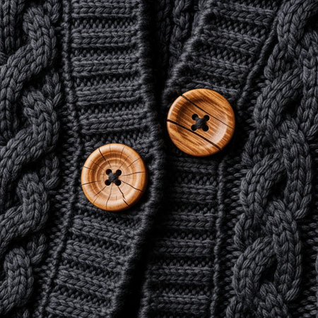 Two wooden buttons on a black knitted background. Close-up.の素材