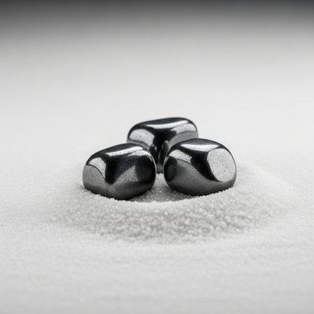 Three black stones in the sand on a white background. Macro.の素材